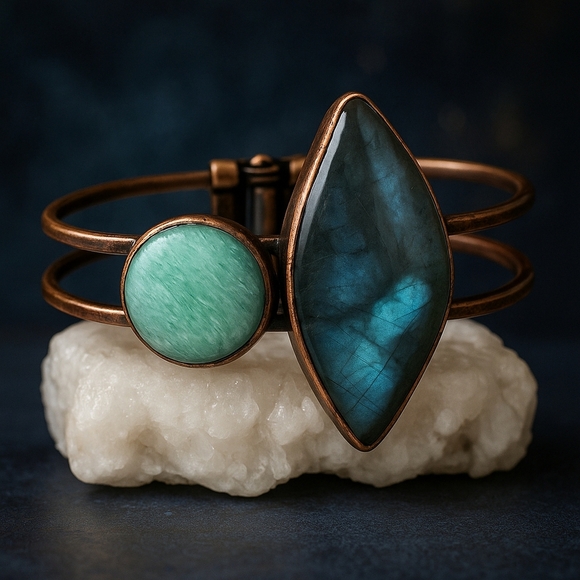 ๐๏ธBoho Chic Labradorite & Amazonite Antique Bronze Cuff Bracelet | Artisan Gems - Picture 3 of 13